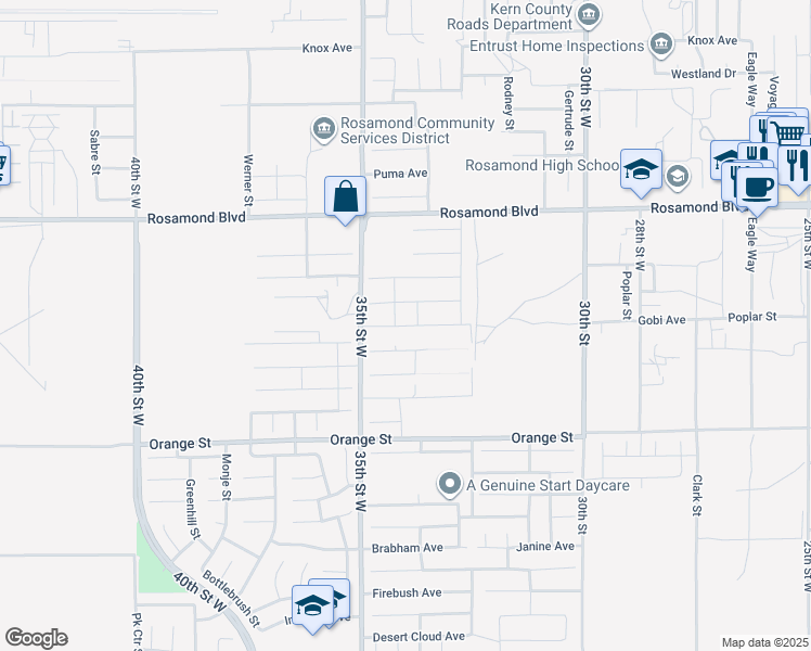 map of restaurants, bars, coffee shops, grocery stores, and more near 3389 Poplar Street in Rosamond