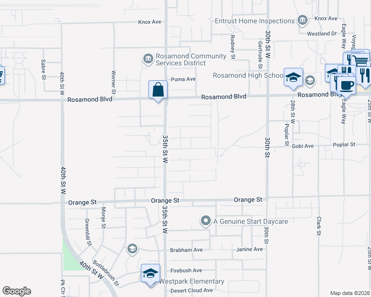 map of restaurants, bars, coffee shops, grocery stores, and more near 3384 Poplar Street in Rosamond