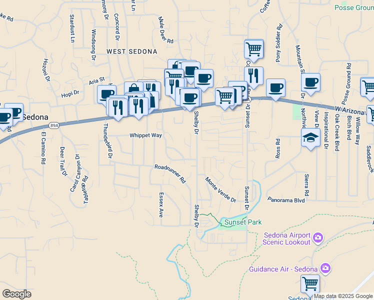 map of restaurants, bars, coffee shops, grocery stores, and more near 1923 Kestrel Circle in Sedona