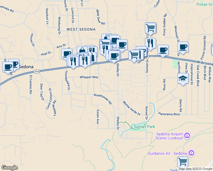 map of restaurants, bars, coffee shops, grocery stores, and more near 1923 Kestrel Circle in Sedona