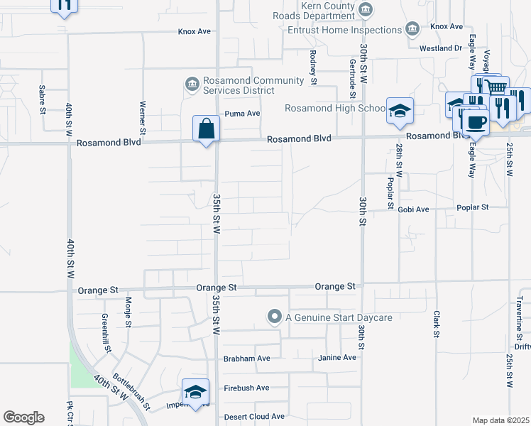 map of restaurants, bars, coffee shops, grocery stores, and more near 3336 Poplar Street in Rosamond