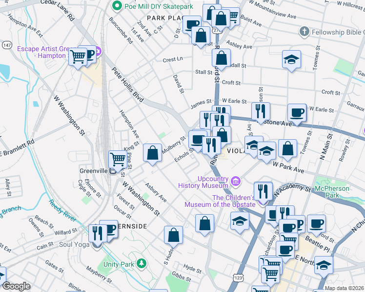 map of restaurants, bars, coffee shops, grocery stores, and more near 3 Jay Street in Greenville