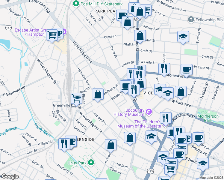 map of restaurants, bars, coffee shops, grocery stores, and more near 212 Pinckney Street in Greenville
