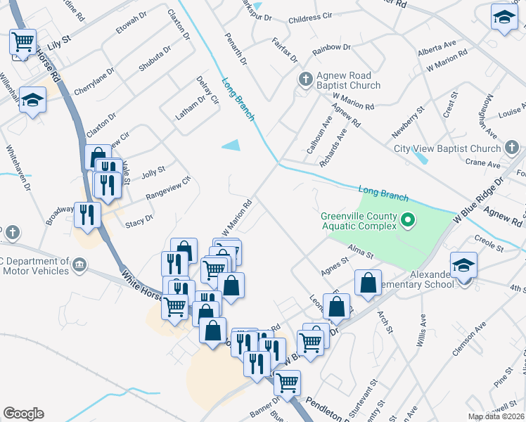 map of restaurants, bars, coffee shops, grocery stores, and more near 191 Marbella Circle in Greenville