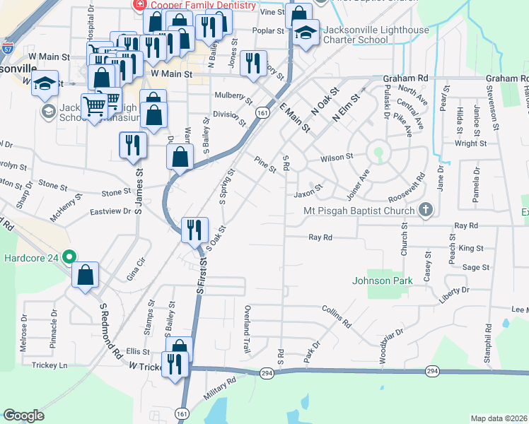 map of restaurants, bars, coffee shops, grocery stores, and more near 609 South Oak Street in Jacksonville