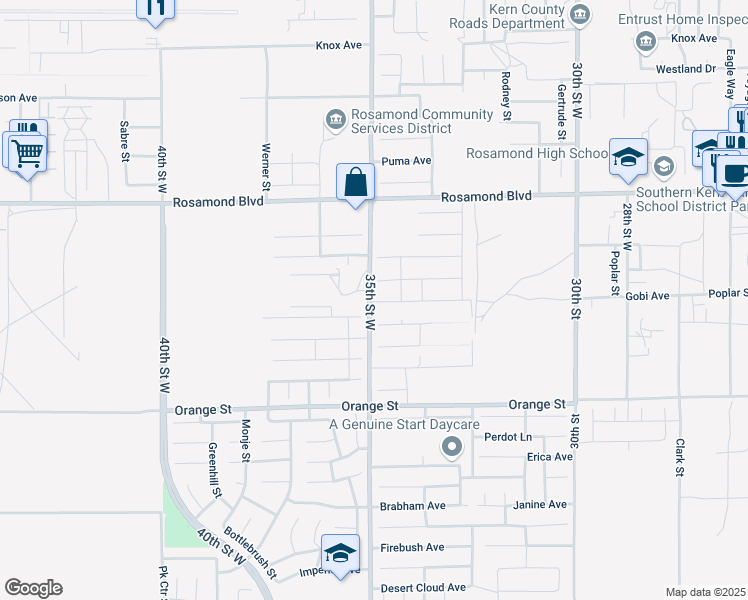 map of restaurants, bars, coffee shops, grocery stores, and more near 3423 Poplar Street in Rosamond