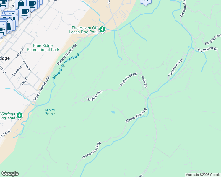 map of restaurants, bars, coffee shops, grocery stores, and more near 231 Eagle Rock Road in Blue Ridge