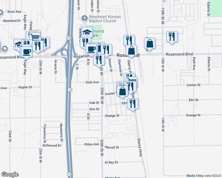map of restaurants, bars, coffee shops, grocery stores, and more near 2725 Desert Street in Rosamond