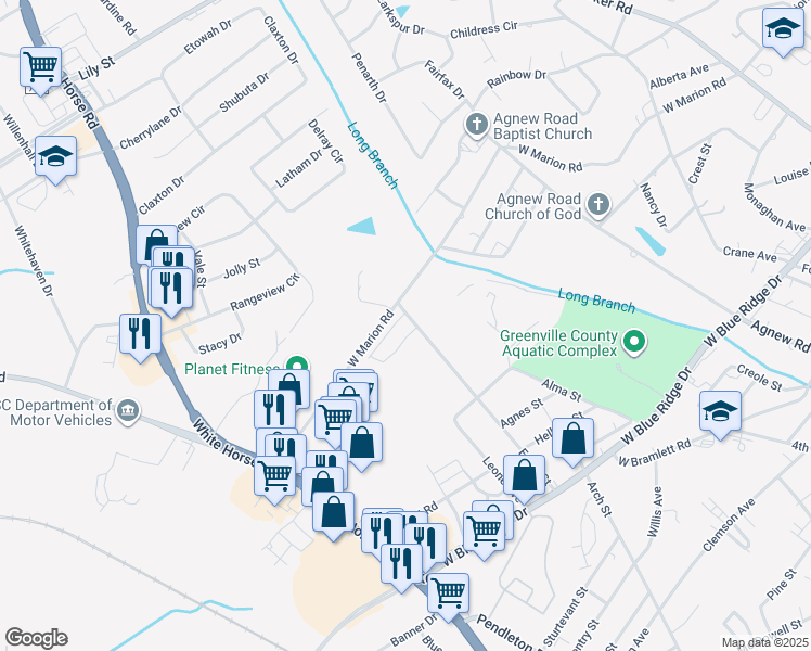 map of restaurants, bars, coffee shops, grocery stores, and more near 109 Marbella Circle in Greenville