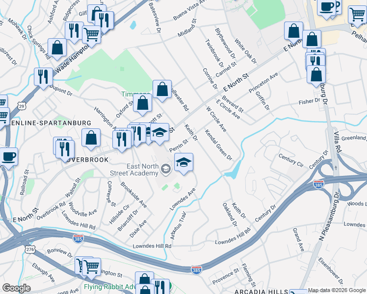 map of restaurants, bars, coffee shops, grocery stores, and more near 342 Lowndes Avenue in Greenville