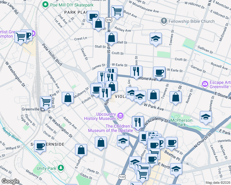 map of restaurants, bars, coffee shops, grocery stores, and more near 100 U.S. 276 in Greenville