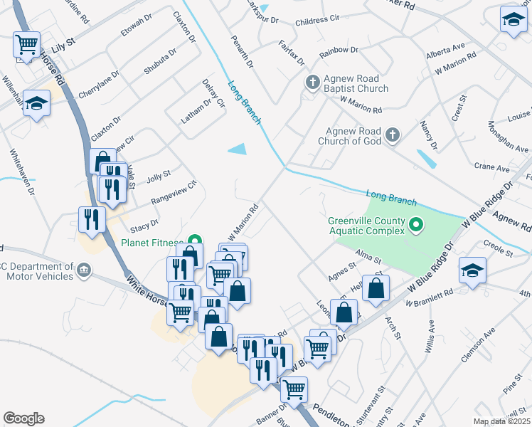 map of restaurants, bars, coffee shops, grocery stores, and more near 109 Marbella Circle in Greenville
