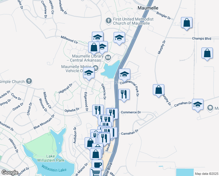 map of restaurants, bars, coffee shops, grocery stores, and more near 400 Valencia Drive in Maumelle