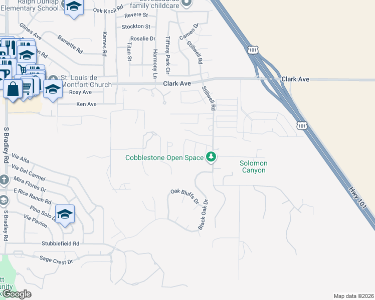 map of restaurants, bars, coffee shops, grocery stores, and more near 5256 Pine Creek Court in Santa Maria