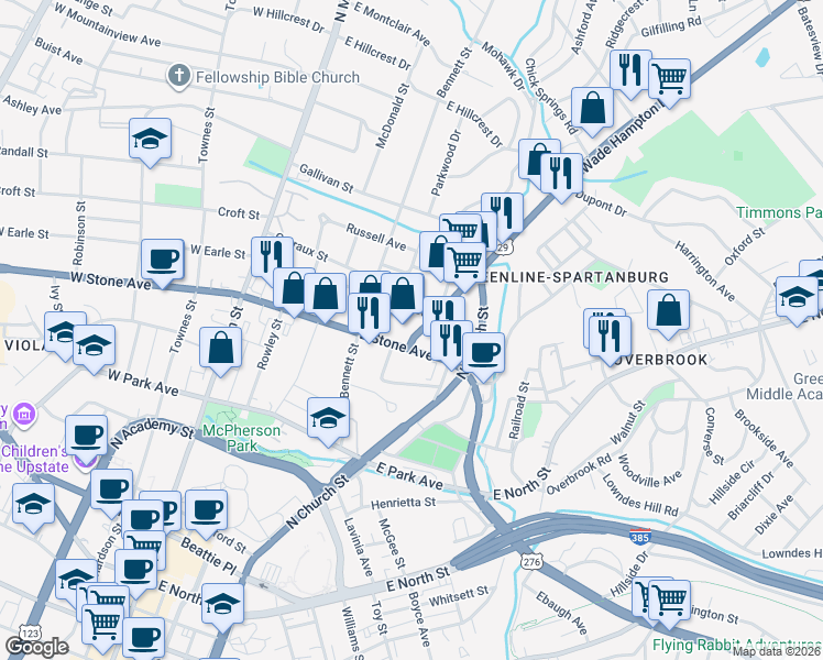 map of restaurants, bars, coffee shops, grocery stores, and more near 2 Wade Hampton Boulevard in Greenville