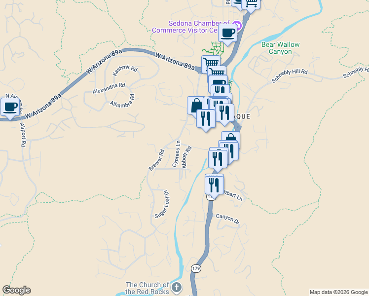 map of restaurants, bars, coffee shops, grocery stores, and more near 45 Abbott Road in Sedona