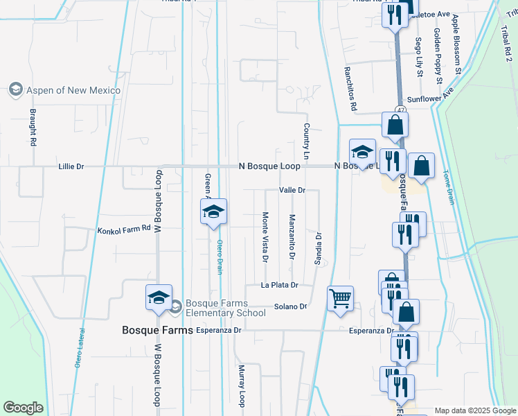 map of restaurants, bars, coffee shops, grocery stores, and more near 1010 Monte Vista Drive in Bosque Farms