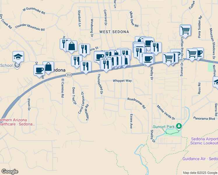 map of restaurants, bars, coffee shops, grocery stores, and more near 115 Meadowlark Lane in Sedona