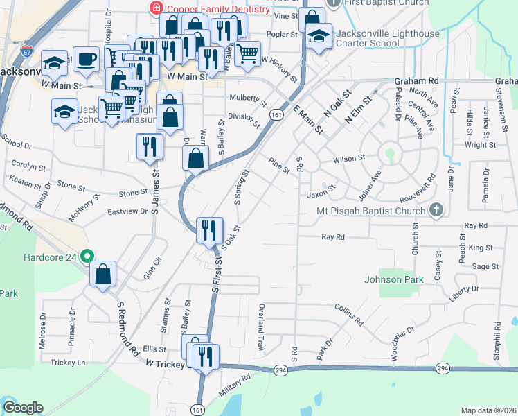 map of restaurants, bars, coffee shops, grocery stores, and more near 609 South Oak Street in Jacksonville