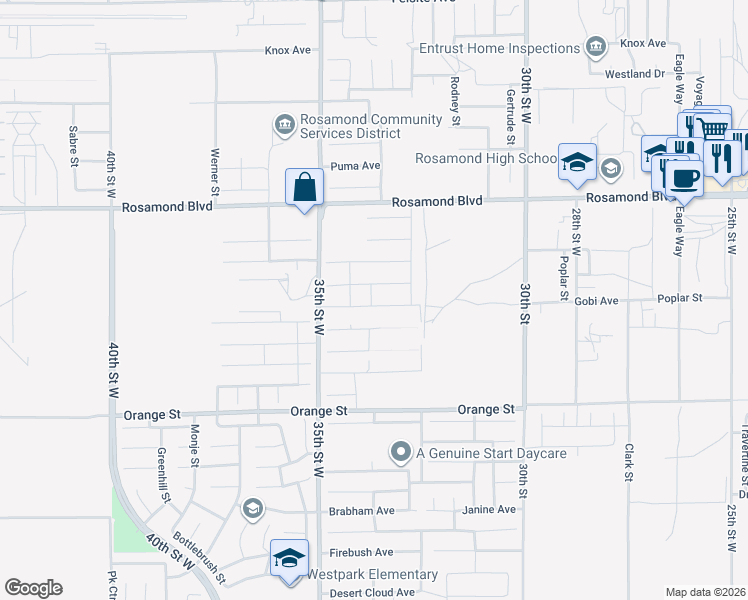 map of restaurants, bars, coffee shops, grocery stores, and more near 3423 Poplar Street in Rosamond