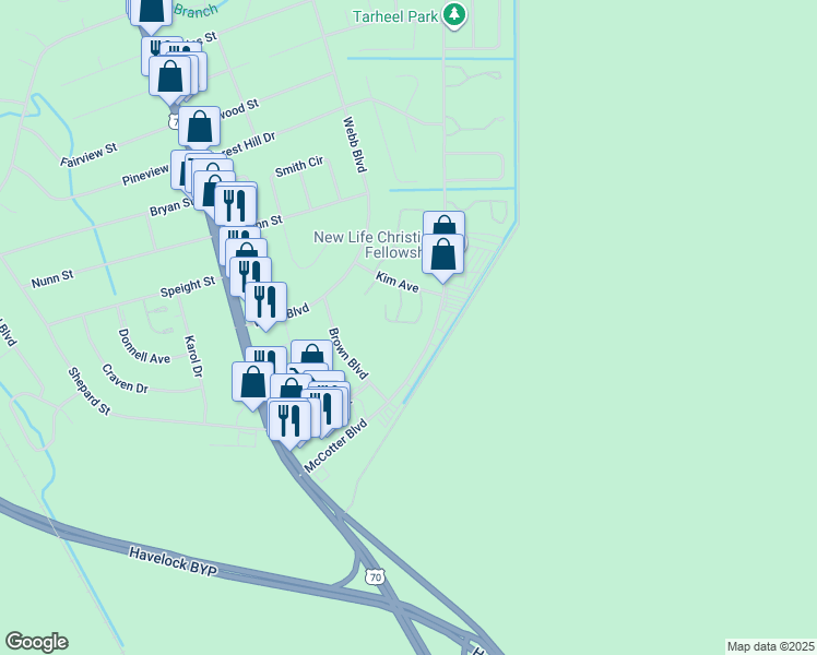 map of restaurants, bars, coffee shops, grocery stores, and more near 143 John Court in Havelock