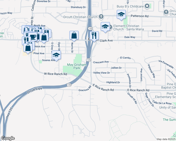 map of restaurants, bars, coffee shops, grocery stores, and more near 119 Valley View Drive in Santa Maria