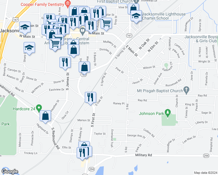 map of restaurants, bars, coffee shops, grocery stores, and more near 606 South Oak Street in Jacksonville