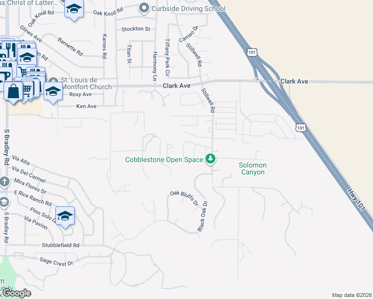 map of restaurants, bars, coffee shops, grocery stores, and more near 5250 Pine Creek Court in Orcutt