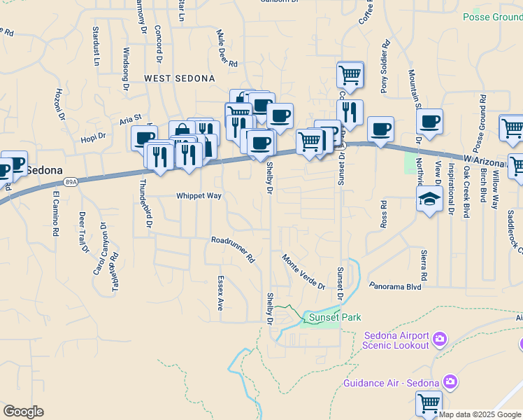 map of restaurants, bars, coffee shops, grocery stores, and more near 1923 Kestrel Circle in Sedona