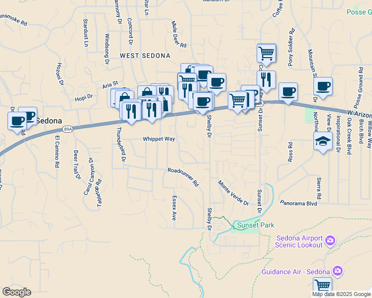 map of restaurants, bars, coffee shops, grocery stores, and more near 2235 Whippet Way in Sedona
