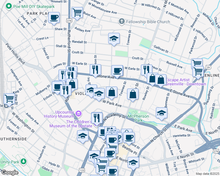map of restaurants, bars, coffee shops, grocery stores, and more near 18 Wilton Street in Greenville