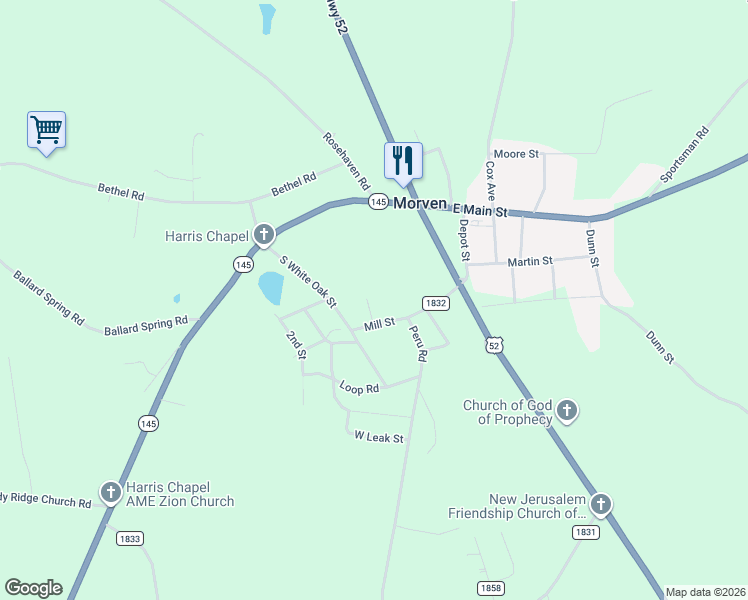 map of restaurants, bars, coffee shops, grocery stores, and more near 220 Mill Street in Morven