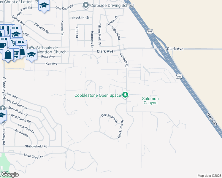 map of restaurants, bars, coffee shops, grocery stores, and more near 5250 Pine Creek Court in Orcutt