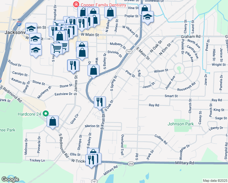 map of restaurants, bars, coffee shops, grocery stores, and more near 701 South Spring Street in Jacksonville