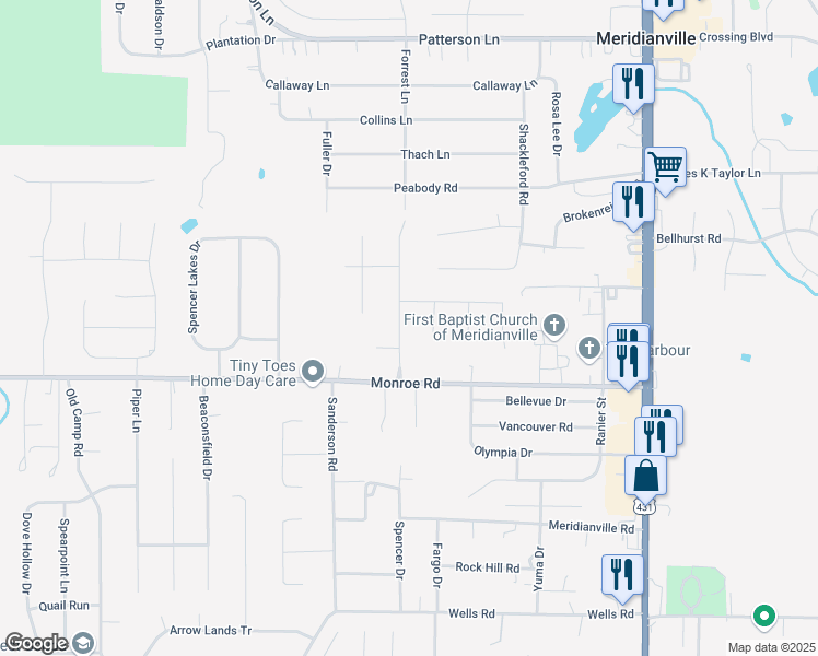 map of restaurants, bars, coffee shops, grocery stores, and more near 139 Forrest Lane in Meridianville