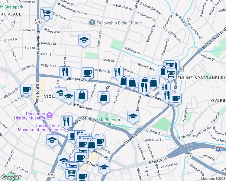map of restaurants, bars, coffee shops, grocery stores, and more near 18 East Stone Avenue in Greenville