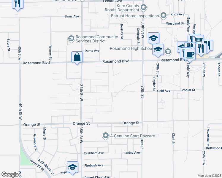 map of restaurants, bars, coffee shops, grocery stores, and more near 2730 Trakell Street in Rosamond