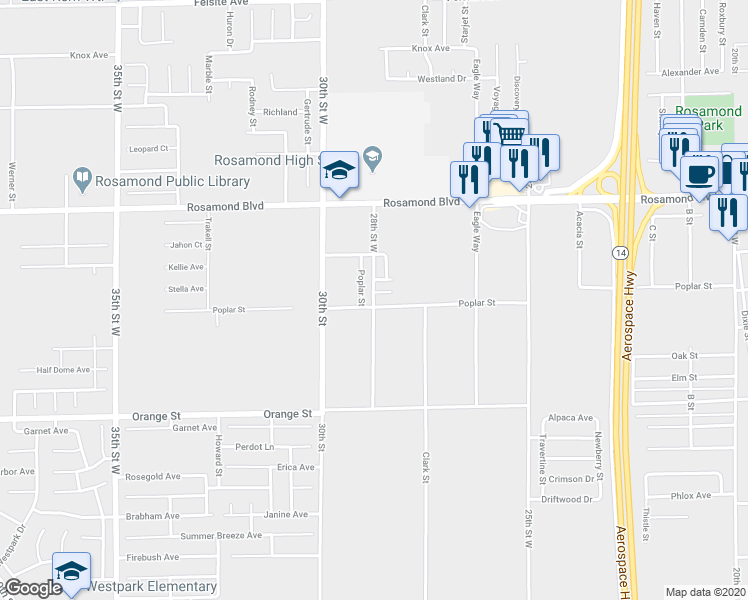 map of restaurants, bars, coffee shops, grocery stores, and more near 2796 28th Street West in Rosamond