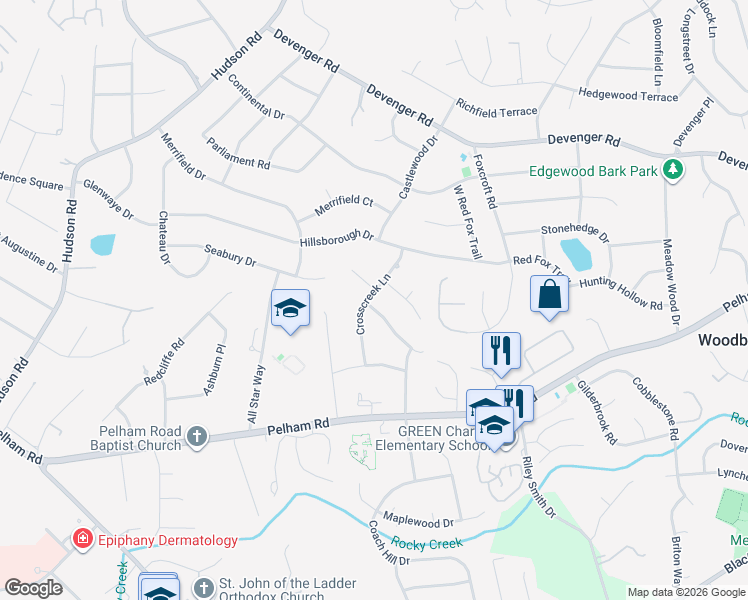 map of restaurants, bars, coffee shops, grocery stores, and more near 13 Eagle Ridge Lane in Greenville