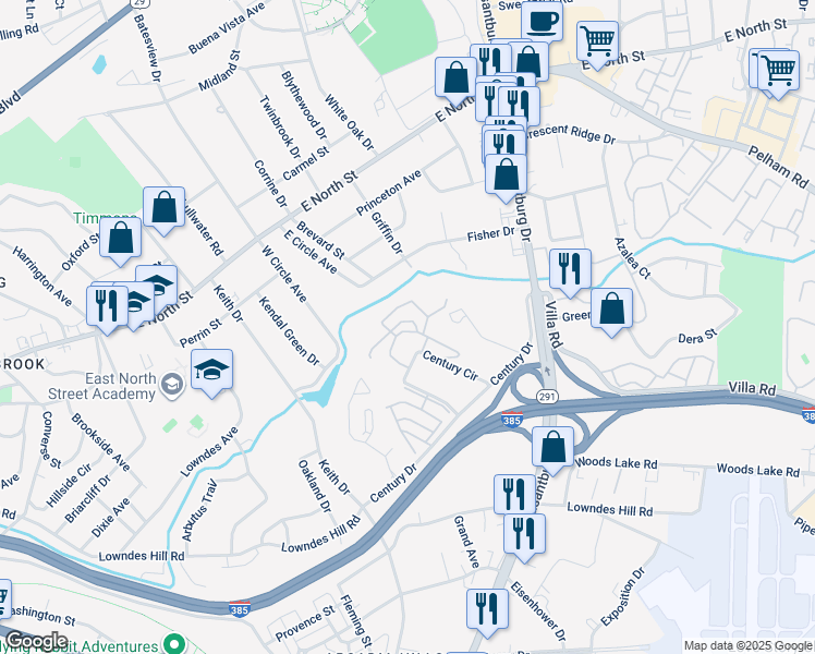 map of restaurants, bars, coffee shops, grocery stores, and more near 65 Century Circle in Greenville