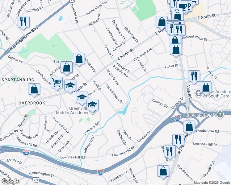 map of restaurants, bars, coffee shops, grocery stores, and more near 28 Kendal Green Drive in Greenville