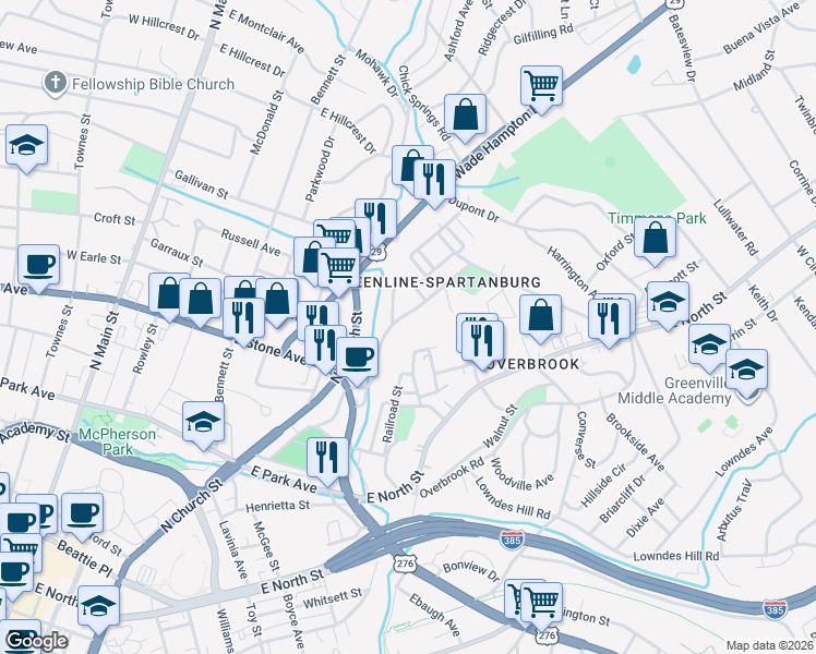 map of restaurants, bars, coffee shops, grocery stores, and more near 211 Bethel Street in Greenville