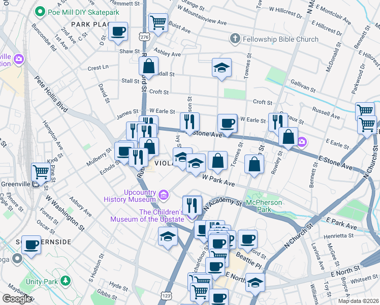 map of restaurants, bars, coffee shops, grocery stores, and more near in Greenville