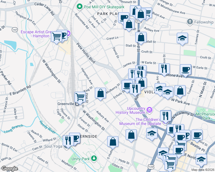 map of restaurants, bars, coffee shops, grocery stores, and more near 212 Pinckney Street in Greenville