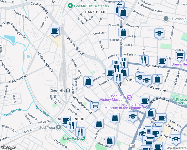 map of restaurants, bars, coffee shops, grocery stores, and more near 212 Pinckney Street in Greenville