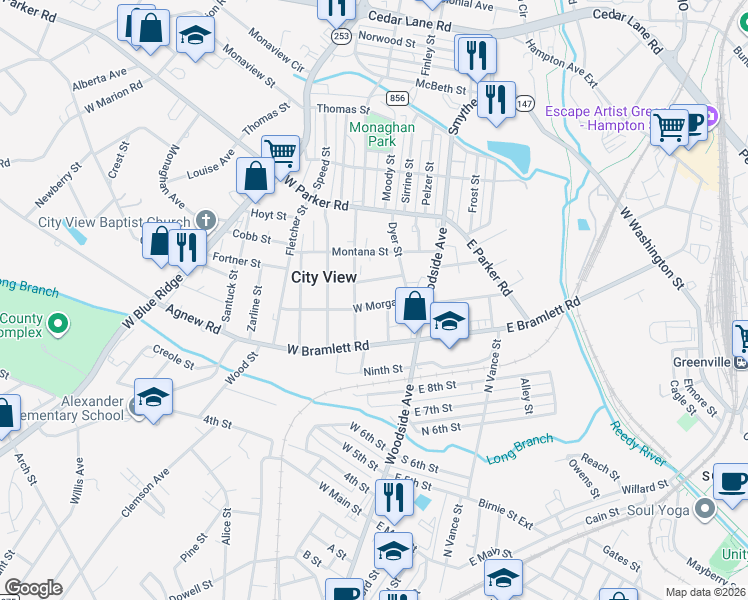 map of restaurants, bars, coffee shops, grocery stores, and more near 407 West Morgan Street in Greenville