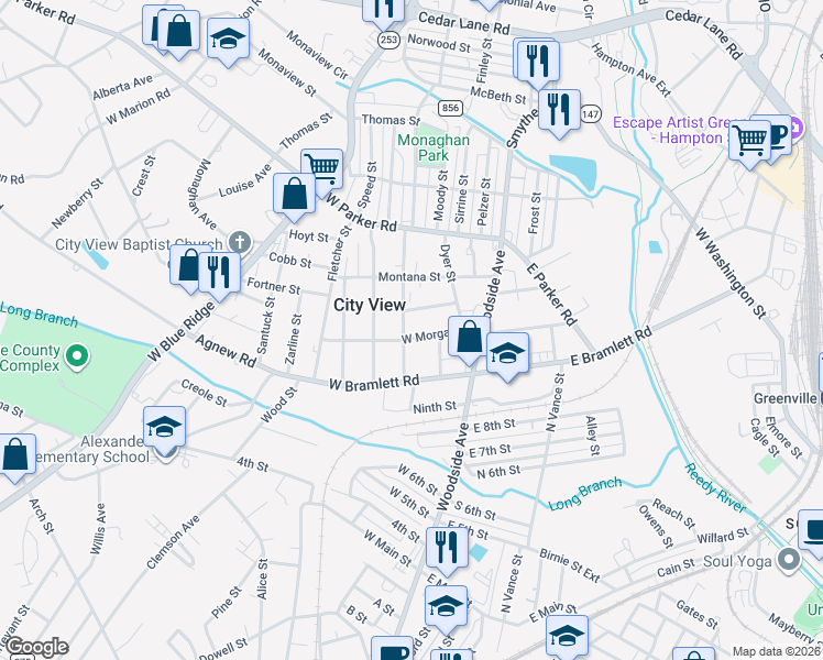 map of restaurants, bars, coffee shops, grocery stores, and more near 407 West Morgan Street in Greenville
