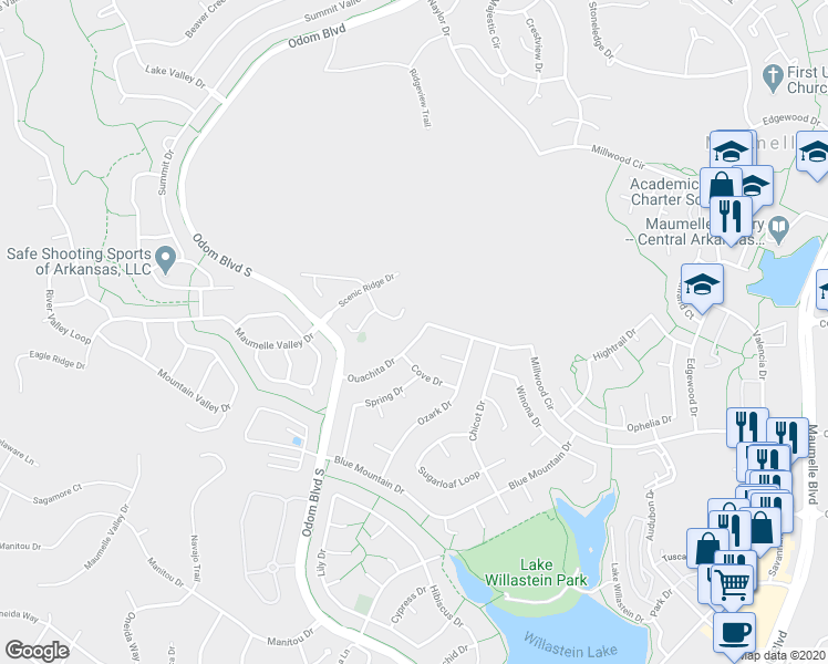 map of restaurants, bars, coffee shops, grocery stores, and more near 39 Ouachita Drive in Maumelle