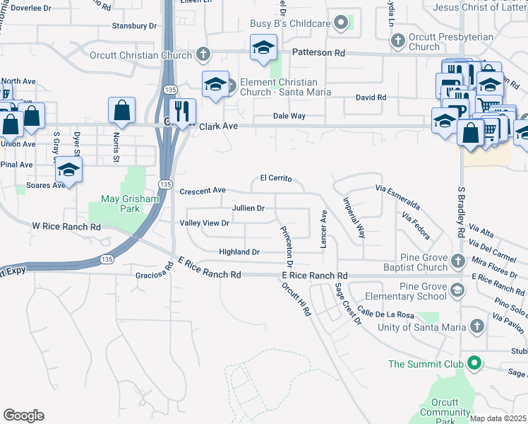 map of restaurants, bars, coffee shops, grocery stores, and more near 376 Jullien Drive in Santa Maria
