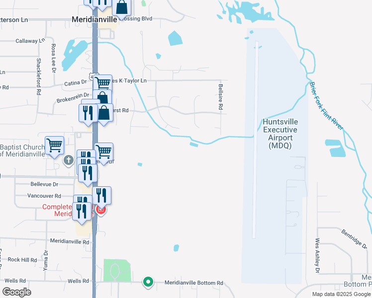 map of restaurants, bars, coffee shops, grocery stores, and more near 136 Wickstone Road in Meridianville